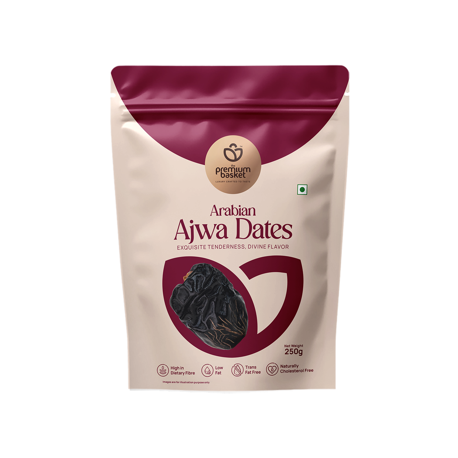 Ajwa dates pouch front view in white and maroon with date logo