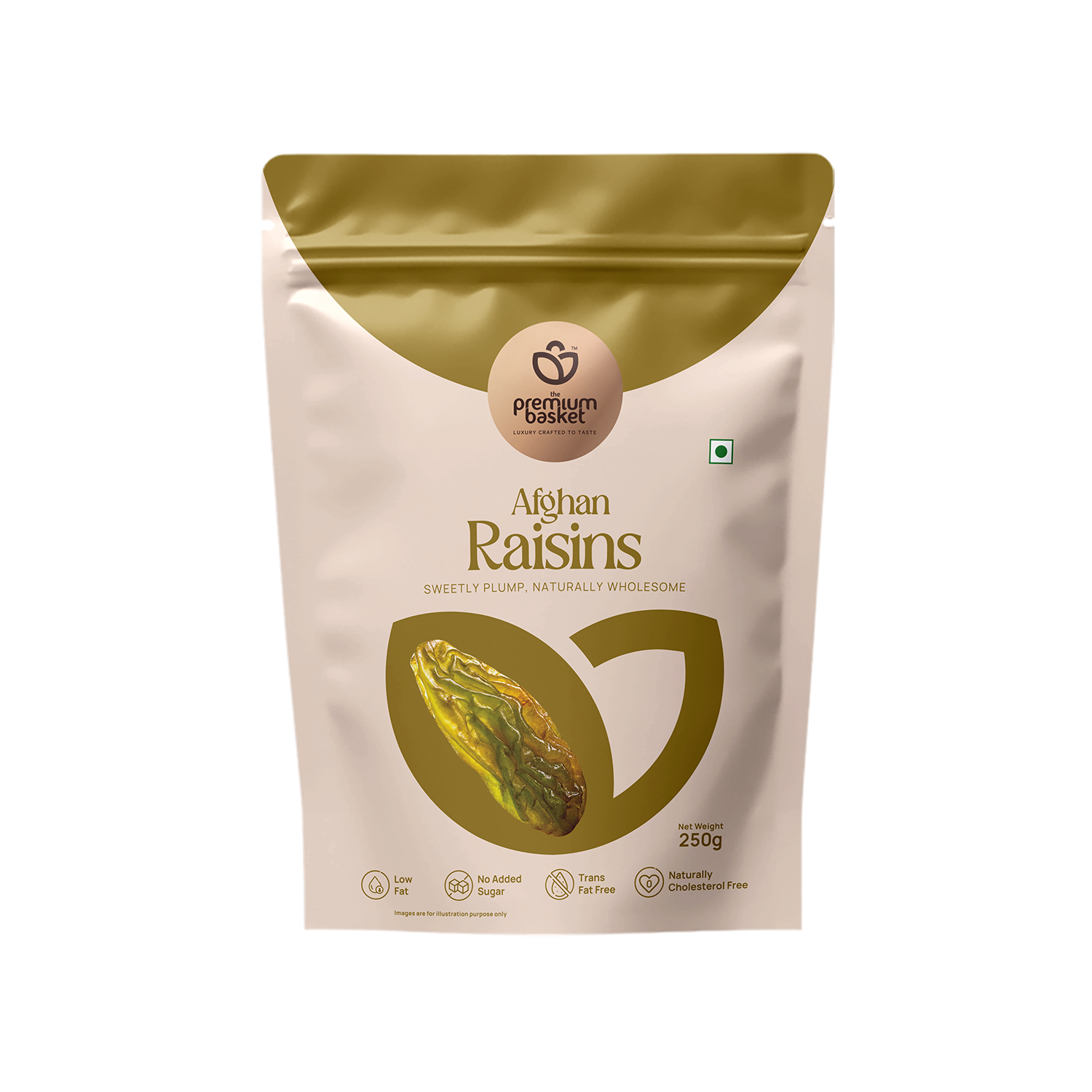 Raisins pouch, front view with gold top and circular logo