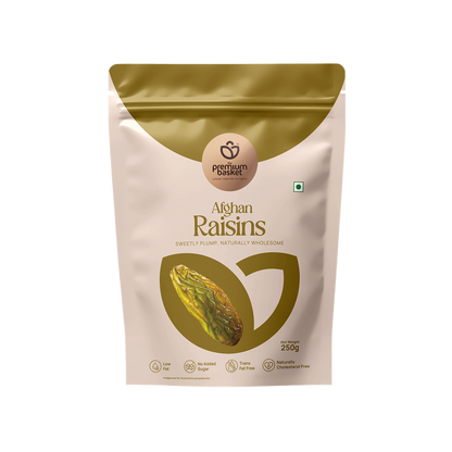 Raisins pouch, front view with gold top and circular logo