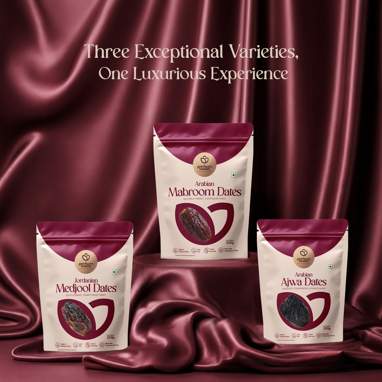 Three dates pouches displayed: Mabroom, Medjool, Ajwa