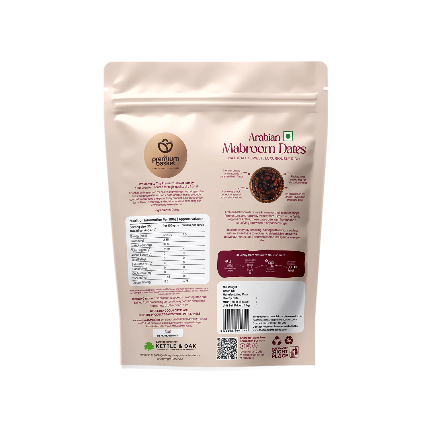 Arabian Mabroom Dates pouch back panel with nutrition and barcode