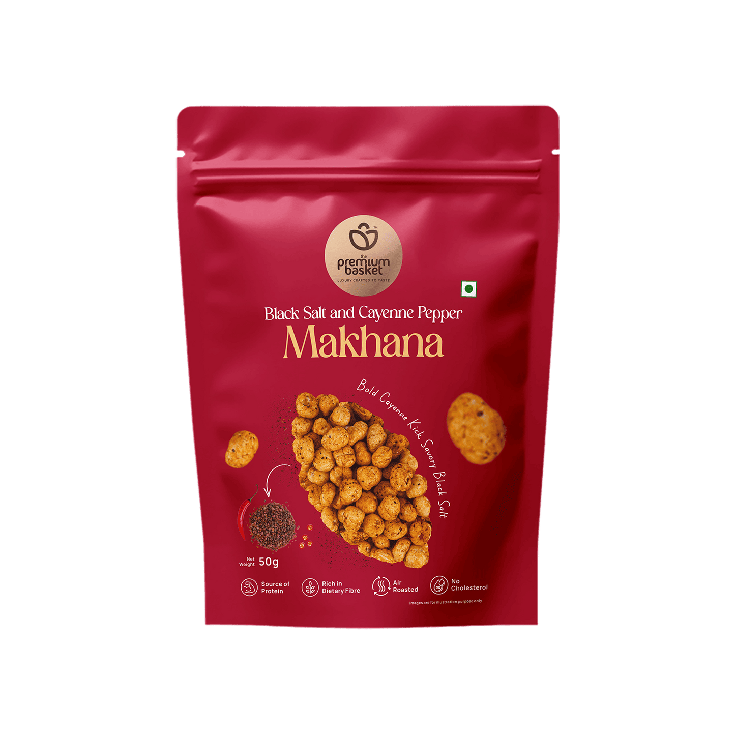Front of red Makahana makhana snack pouch with roasted makhana image