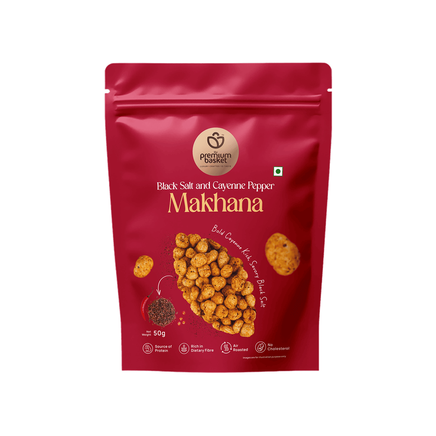 Front of red Makahana makhana snack pouch with roasted makhana image