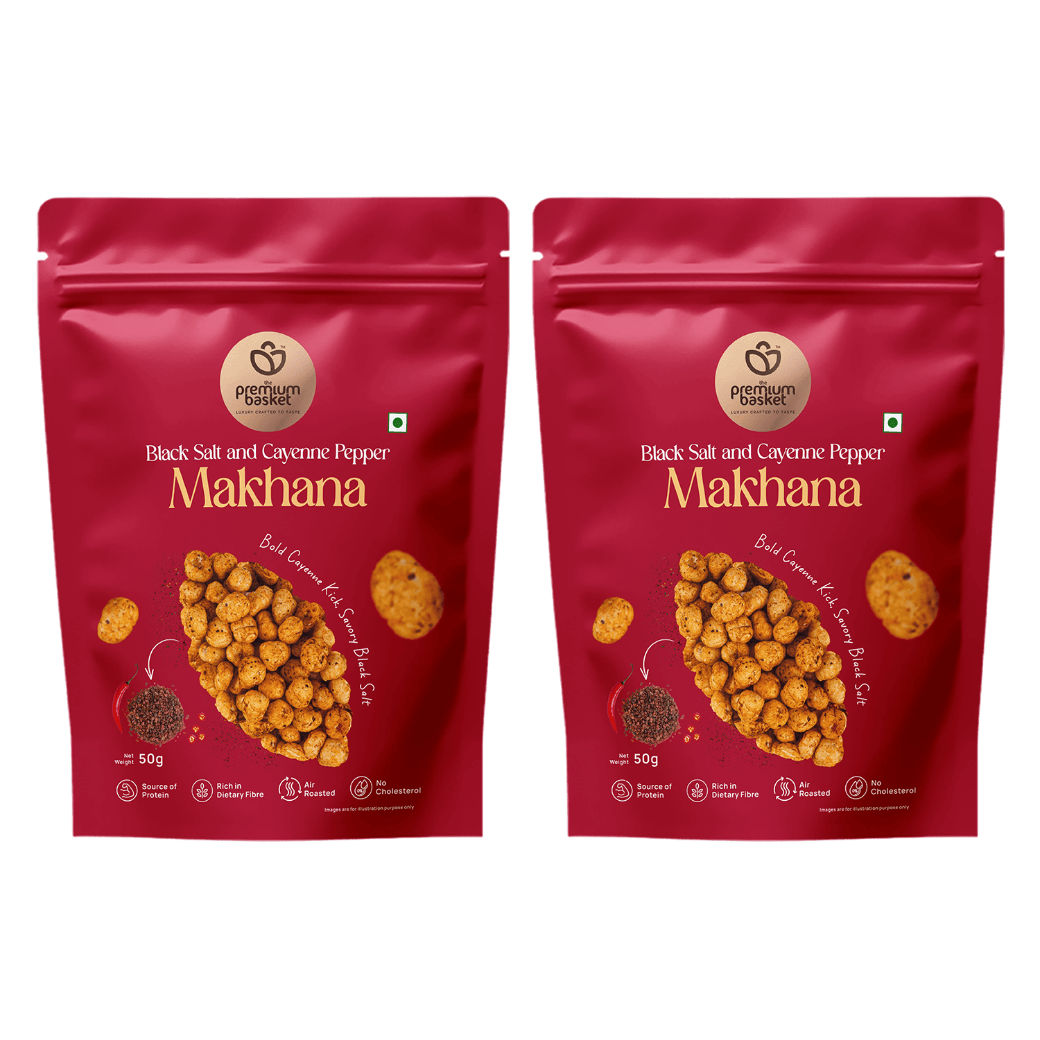 Two red Makhanana snack pouches side by side