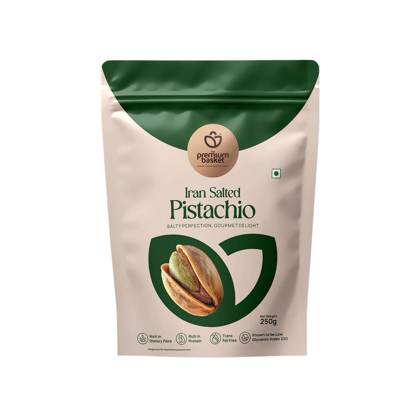 Salted pistachio stand-up pouch, front view, green top and white label