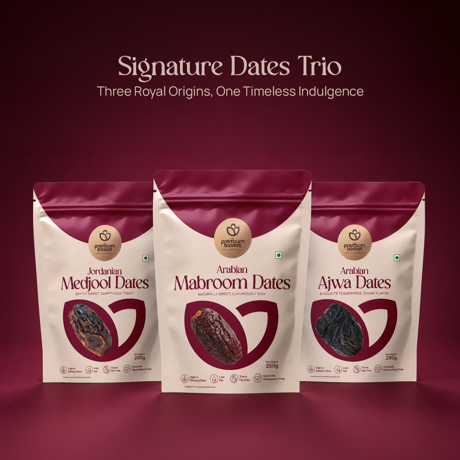 Three dates pouches: Medjool, Mabroom, Ajwa, in burgundy and white packaging