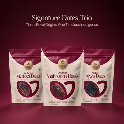 Three dates pouches: Medjool, Mabroom, Ajwa, in burgundy and white packaging