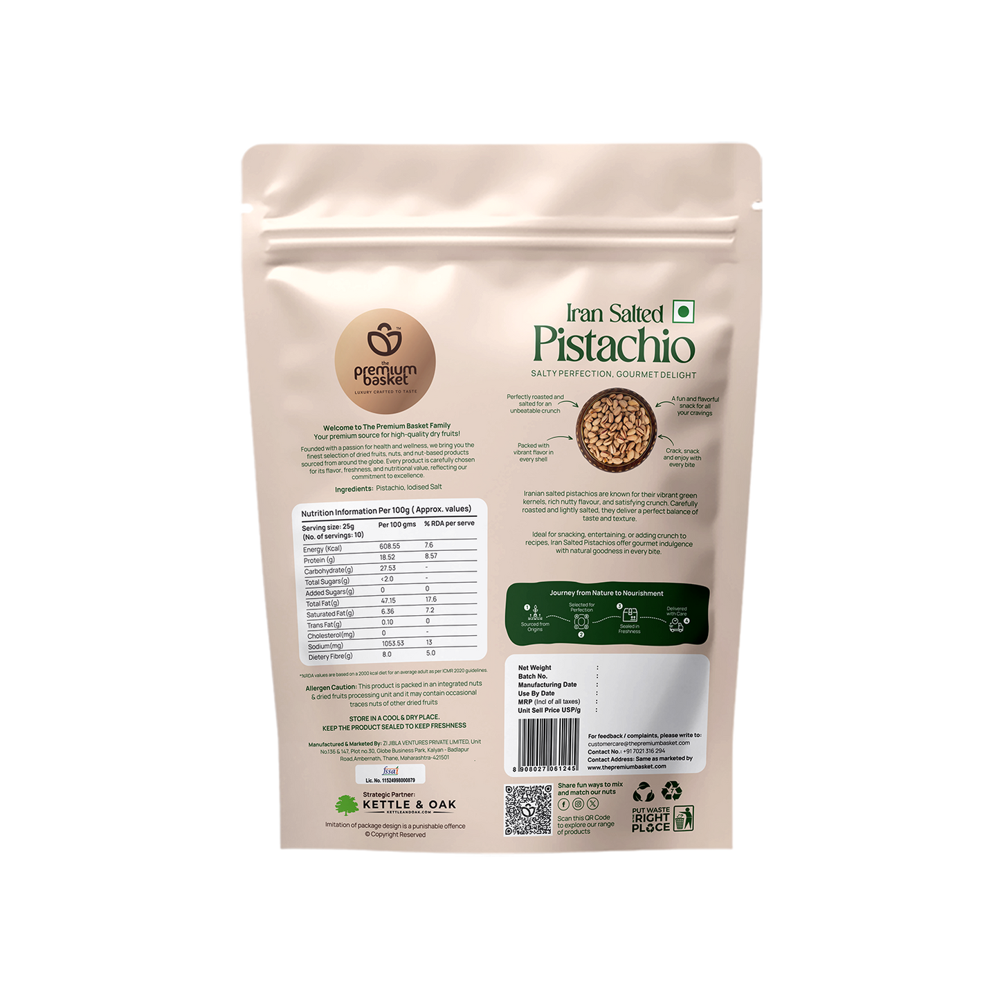 Salted pistachio stand-up pouch, back view with nutrition and ingredient panels