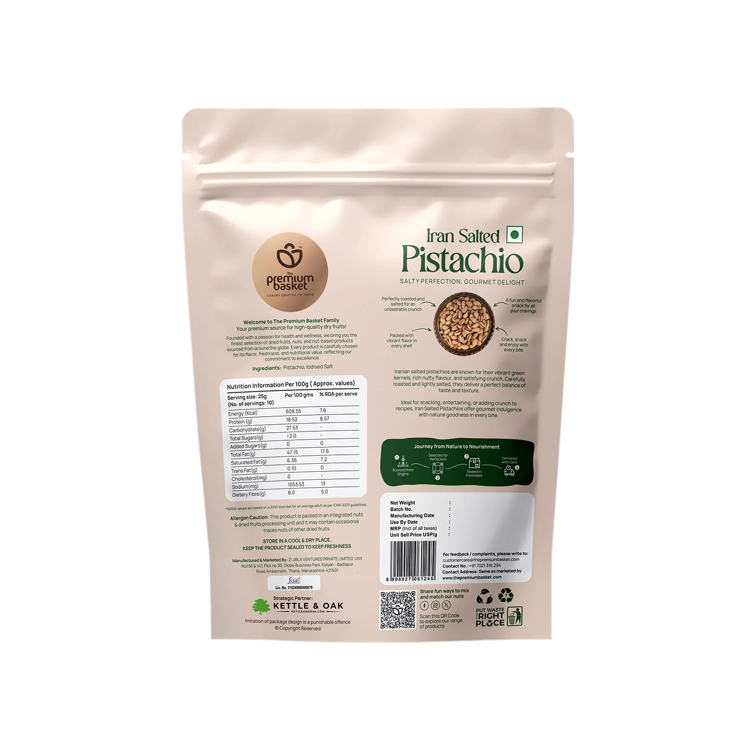 Salted pistachio stand-up pouch, back view with nutrition and ingredient panels