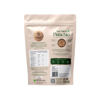 Salted pistachio stand-up pouch, back view with nutrition and ingredient panels