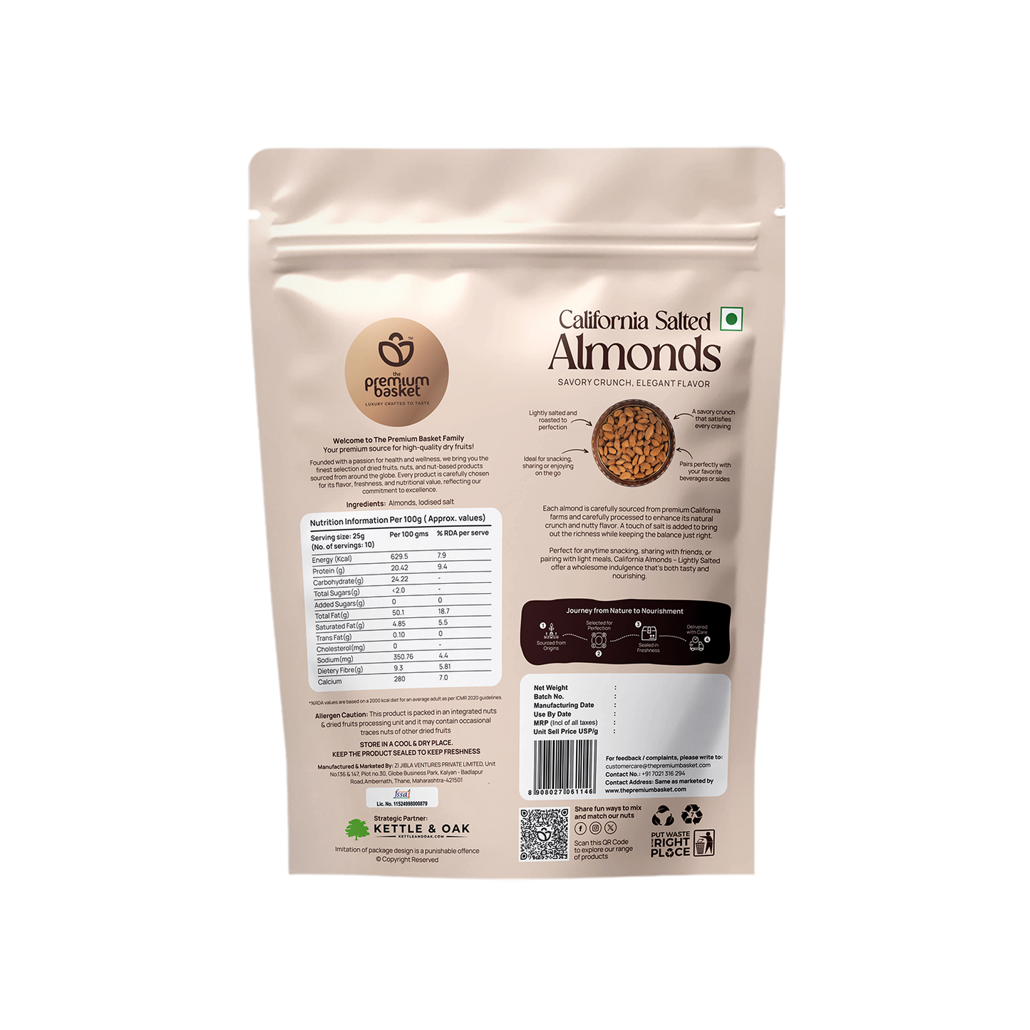 Salted almonds pouch, back view with ingredient and nutrition label, 250g