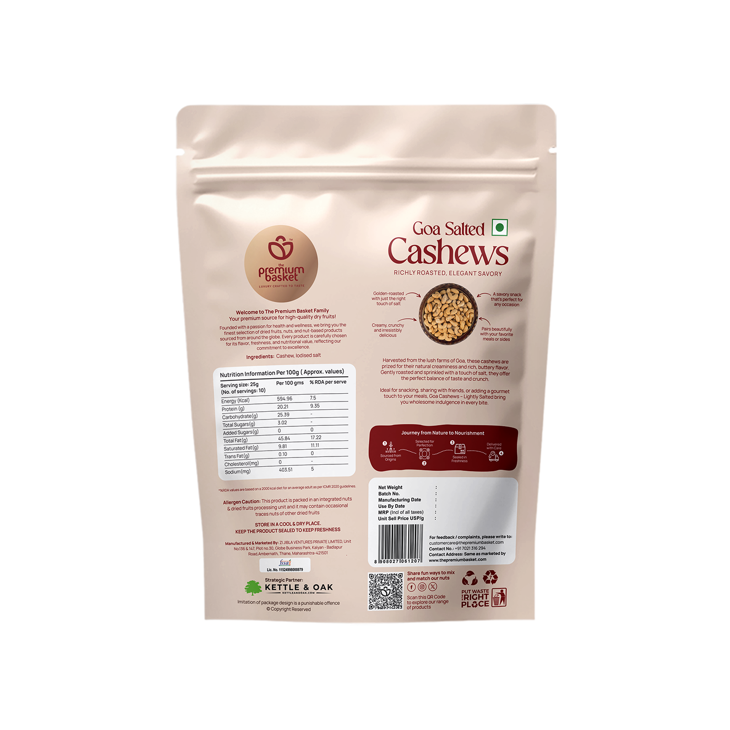 Goan salted cashews pouch back side with product details and nutrition table
