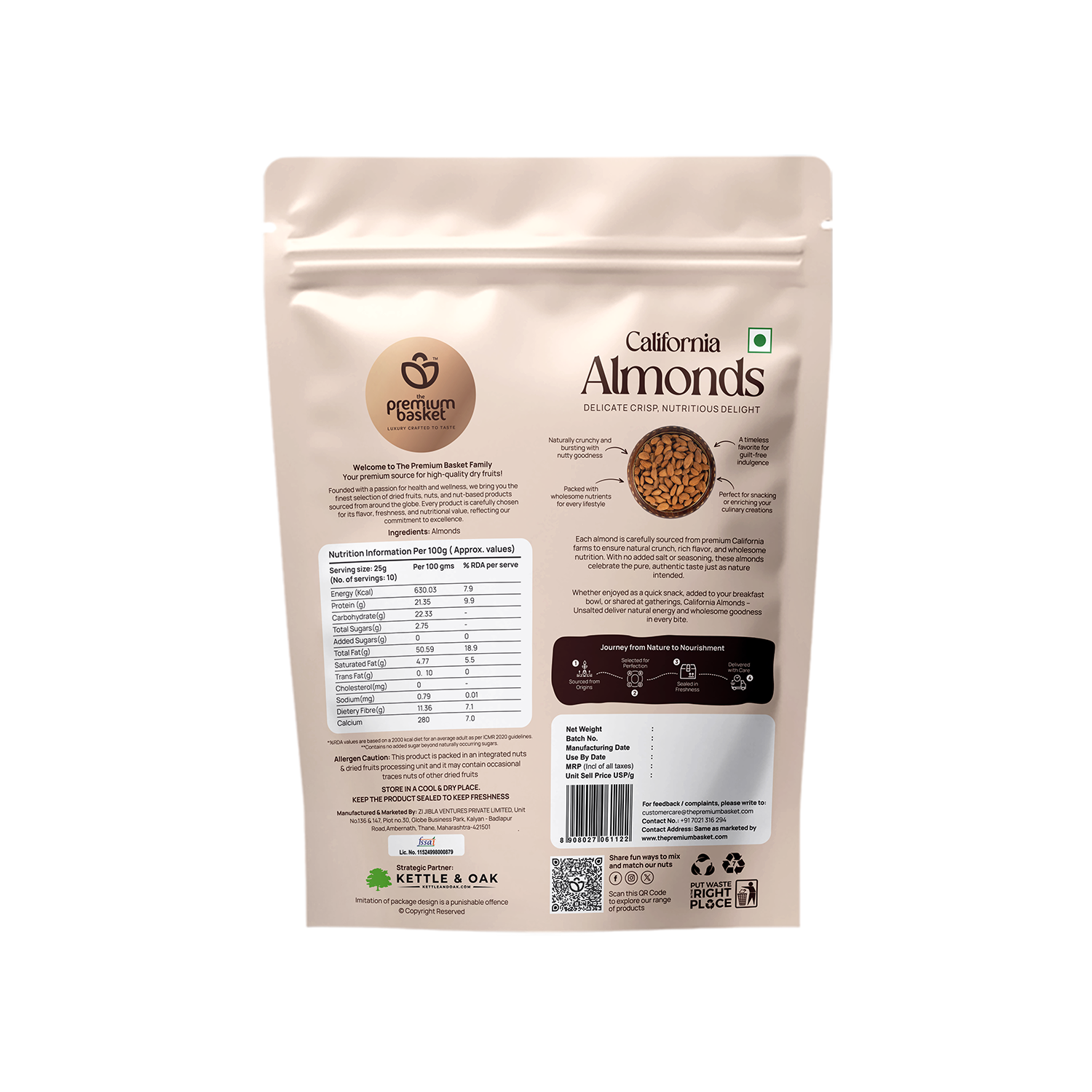 Almonds snack pouch back panel with nutrition facts and barcode, 250g