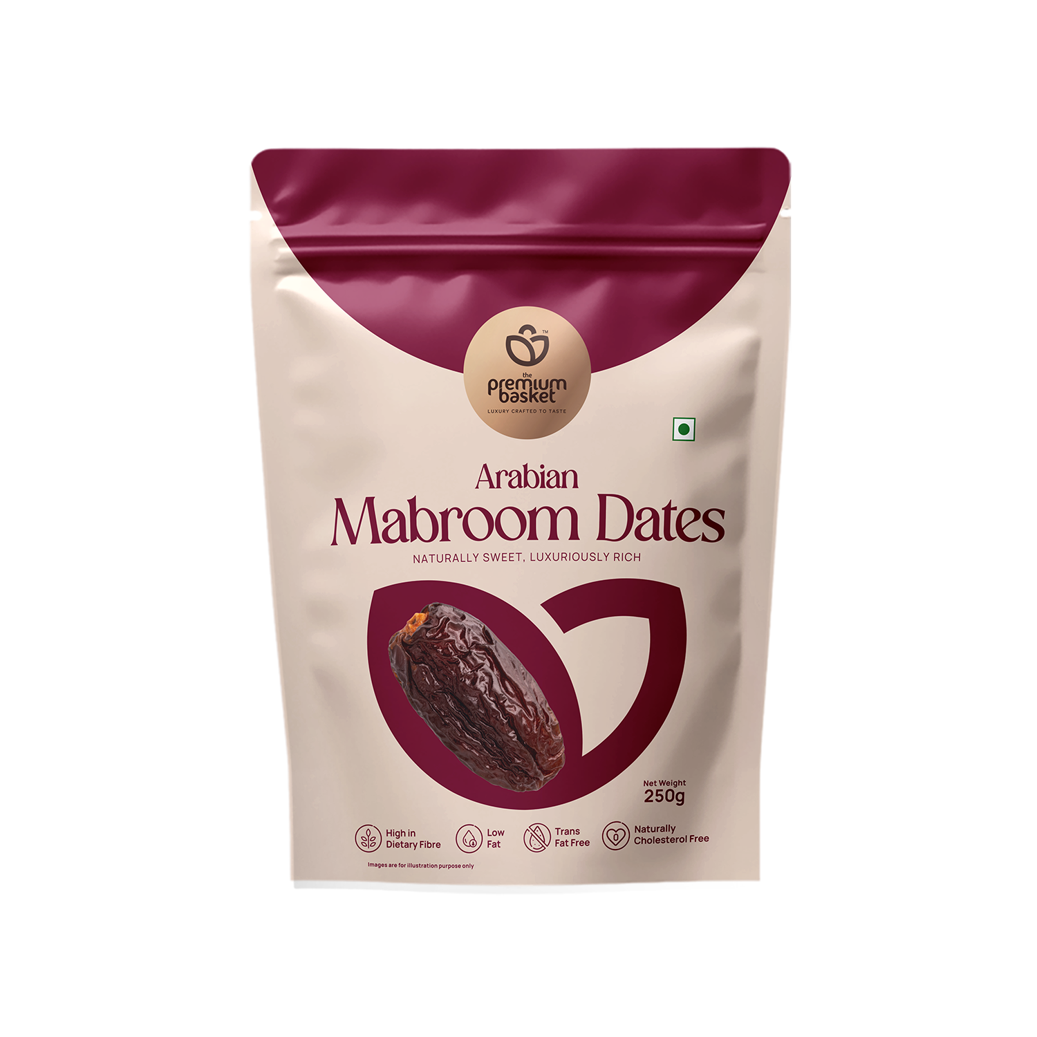 Arabian Mabroom Dates pouch, white with burgundy top and logo