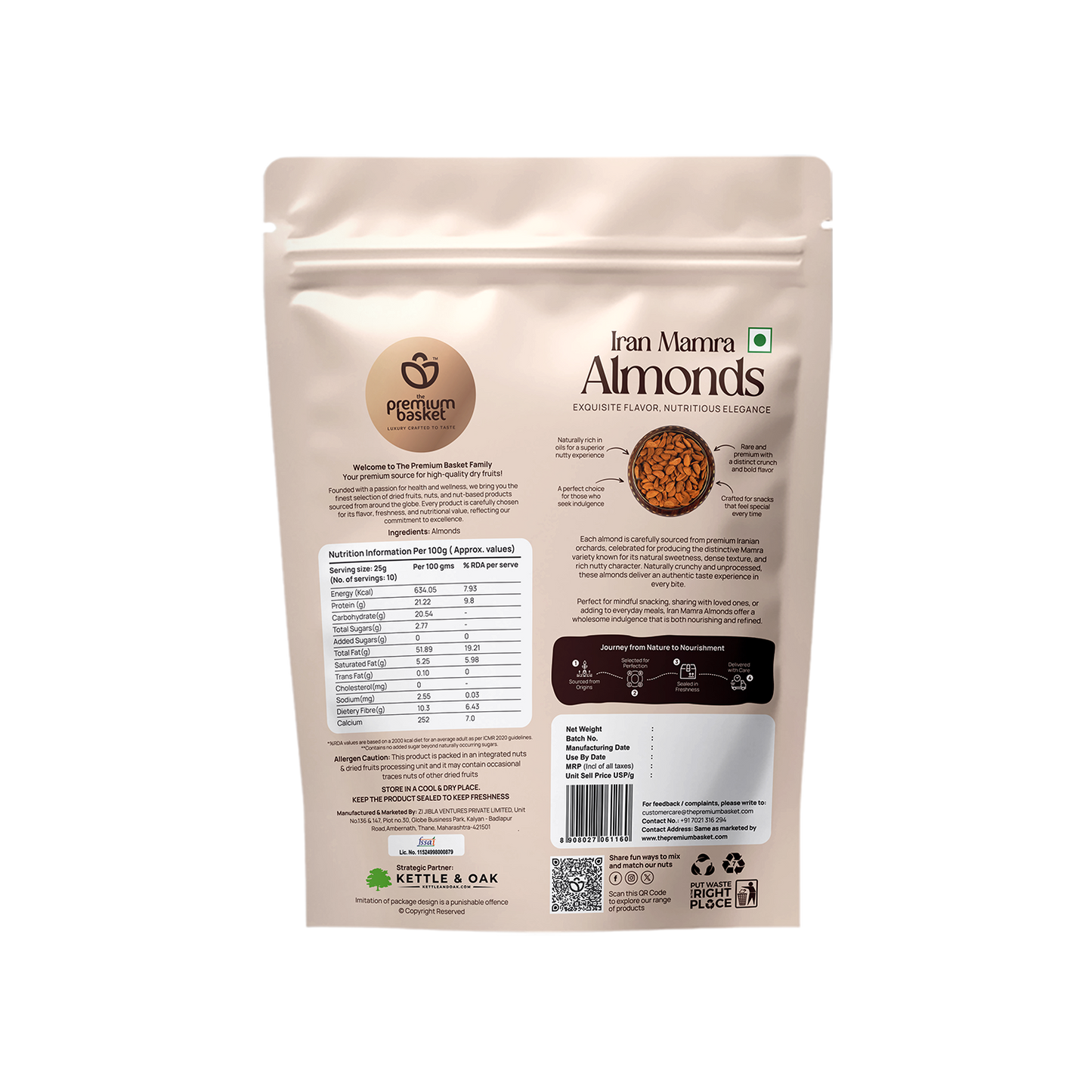 Almonds pouch back: Iran Mamra Almonds, white pack with nutrition panel, 250g