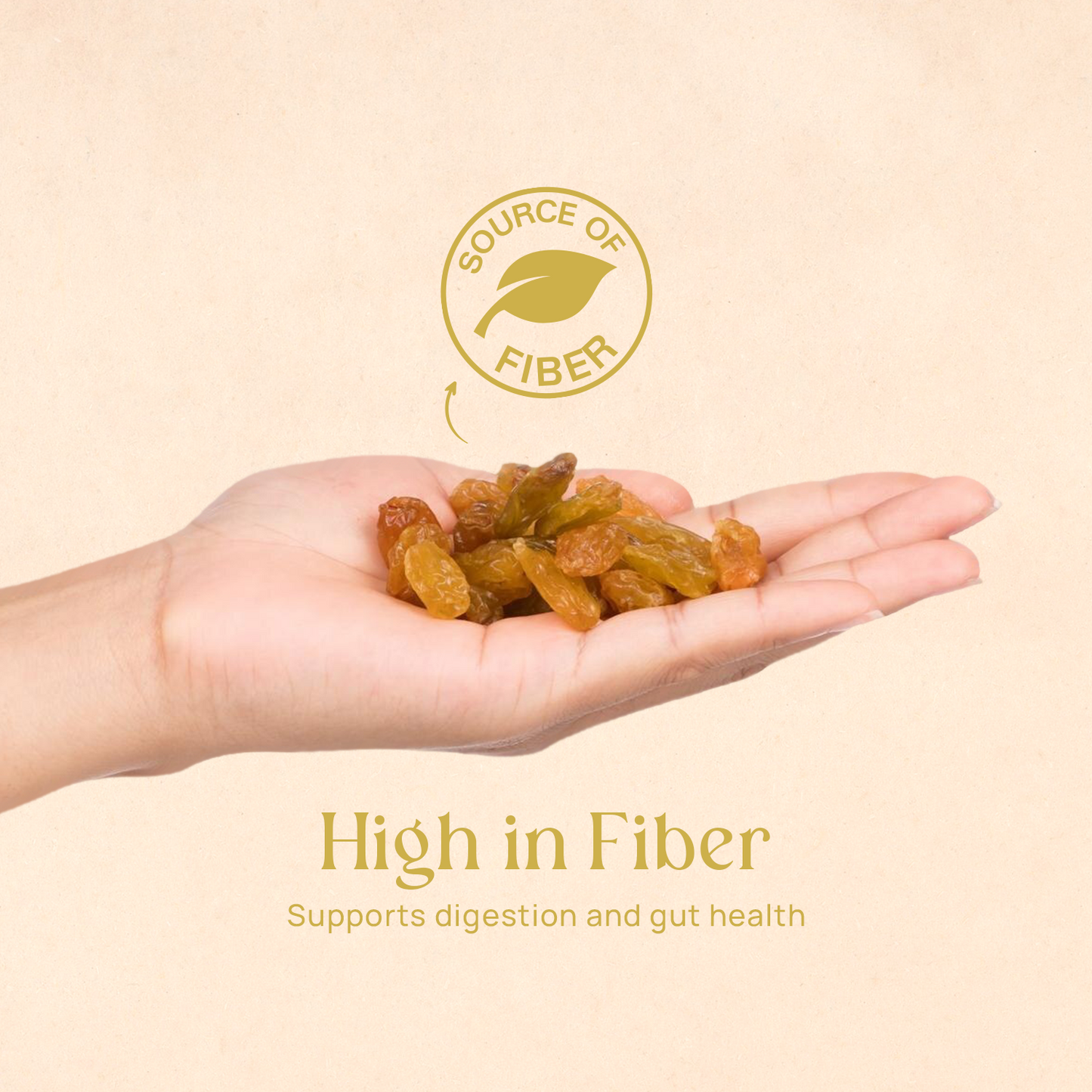 Handful of golden raisins held in an open palm