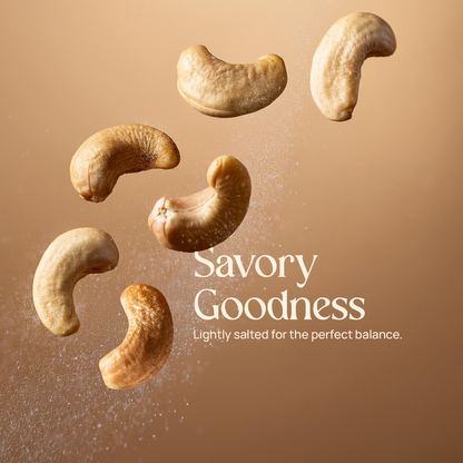 Cashew nuts scattered with a “Savory Goodness” snack graphic