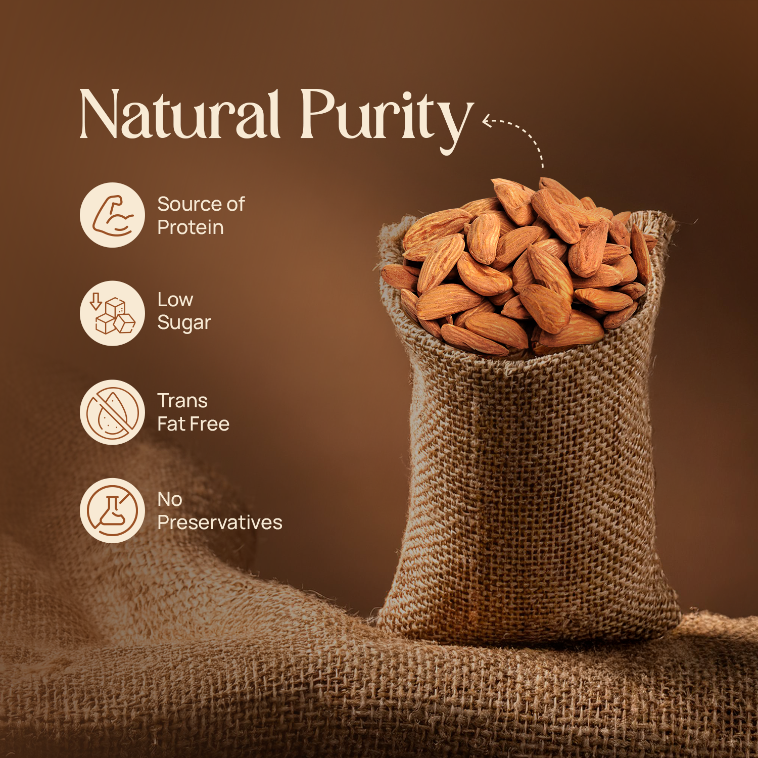 Burlap sack filled with golden-brown almond kernels
