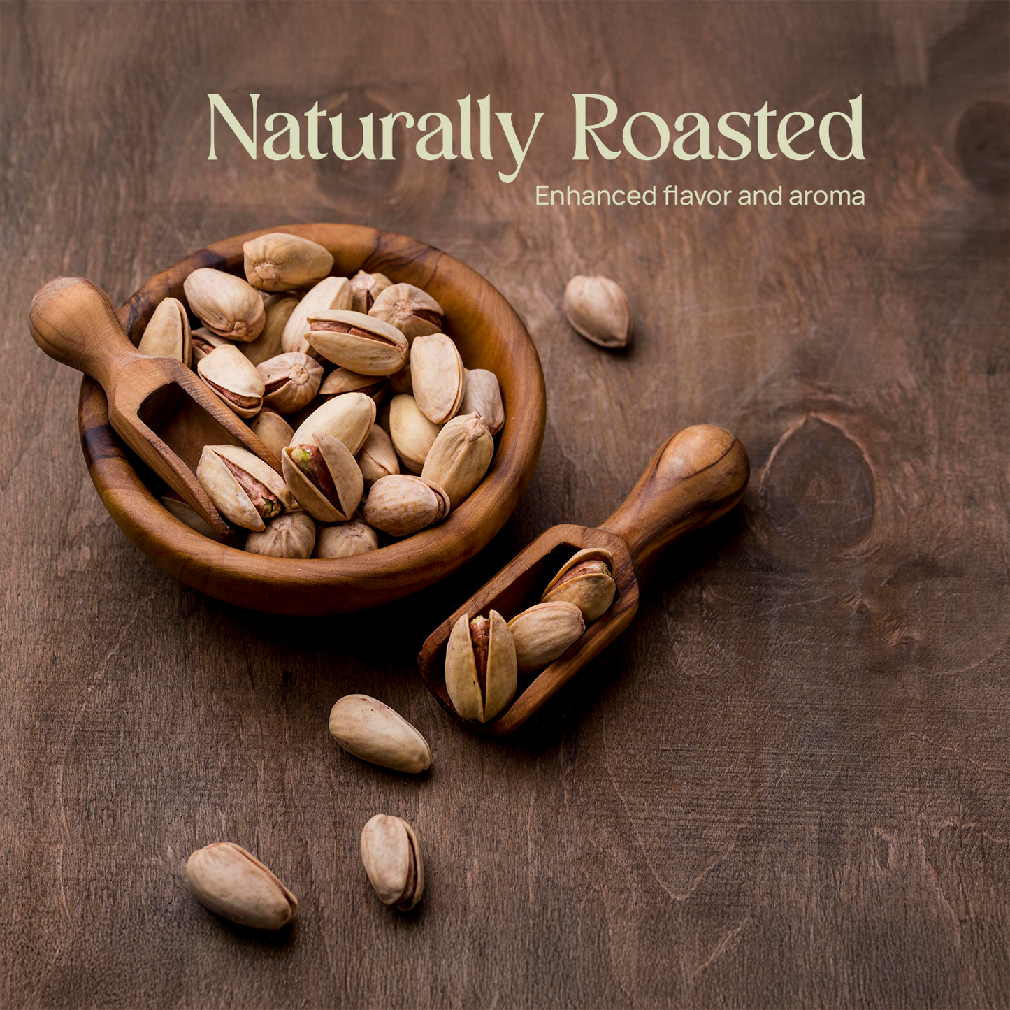 Naturally roasted pistachios in a wooden bowl with a spoon and scattered nuts