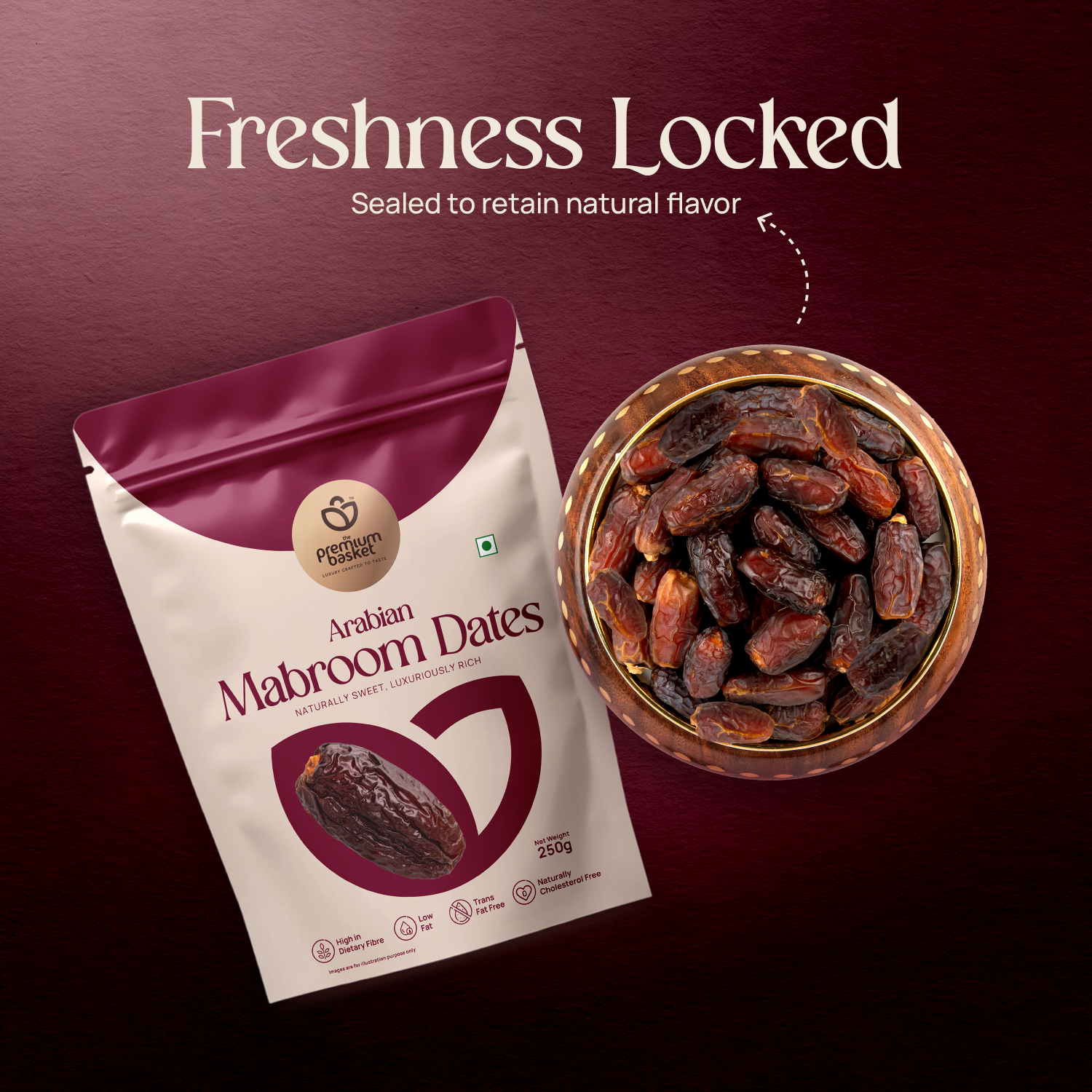 Arabian Mabroom Dates pouch beside a bowl of dark dates
