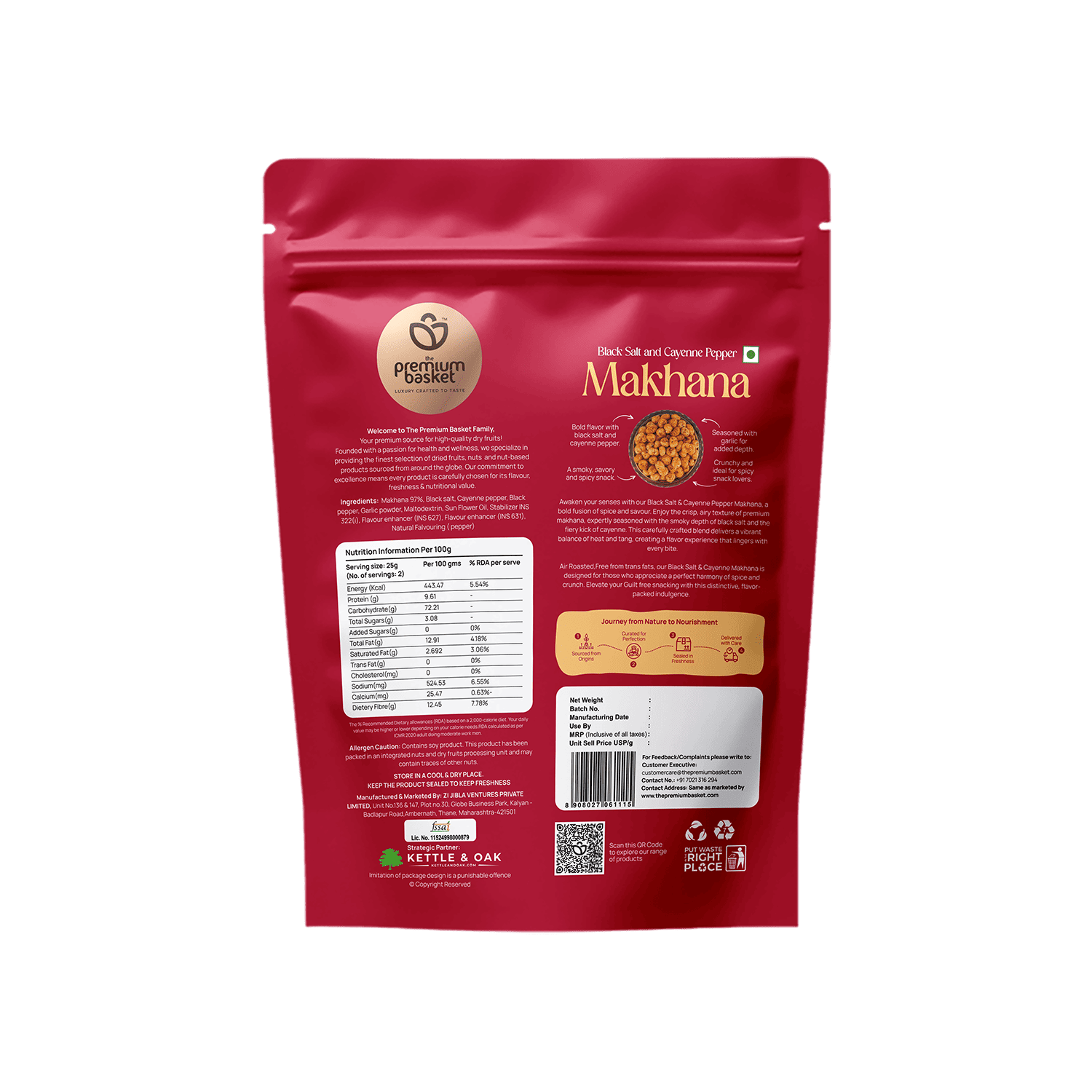 Red Makhanana back pouch with nutrition information panel and barcode