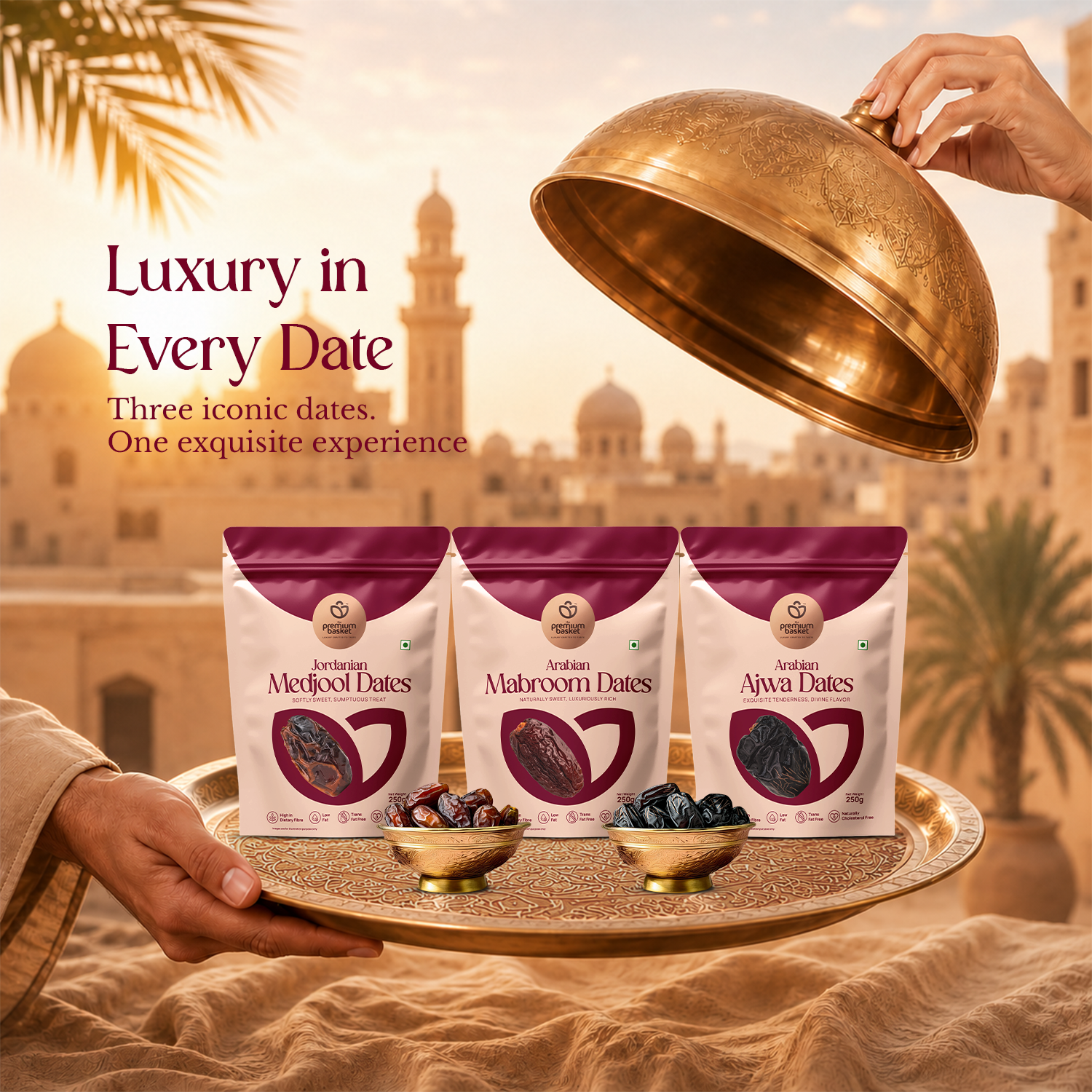 Three date pouches on a decorative tray with dark date pieces