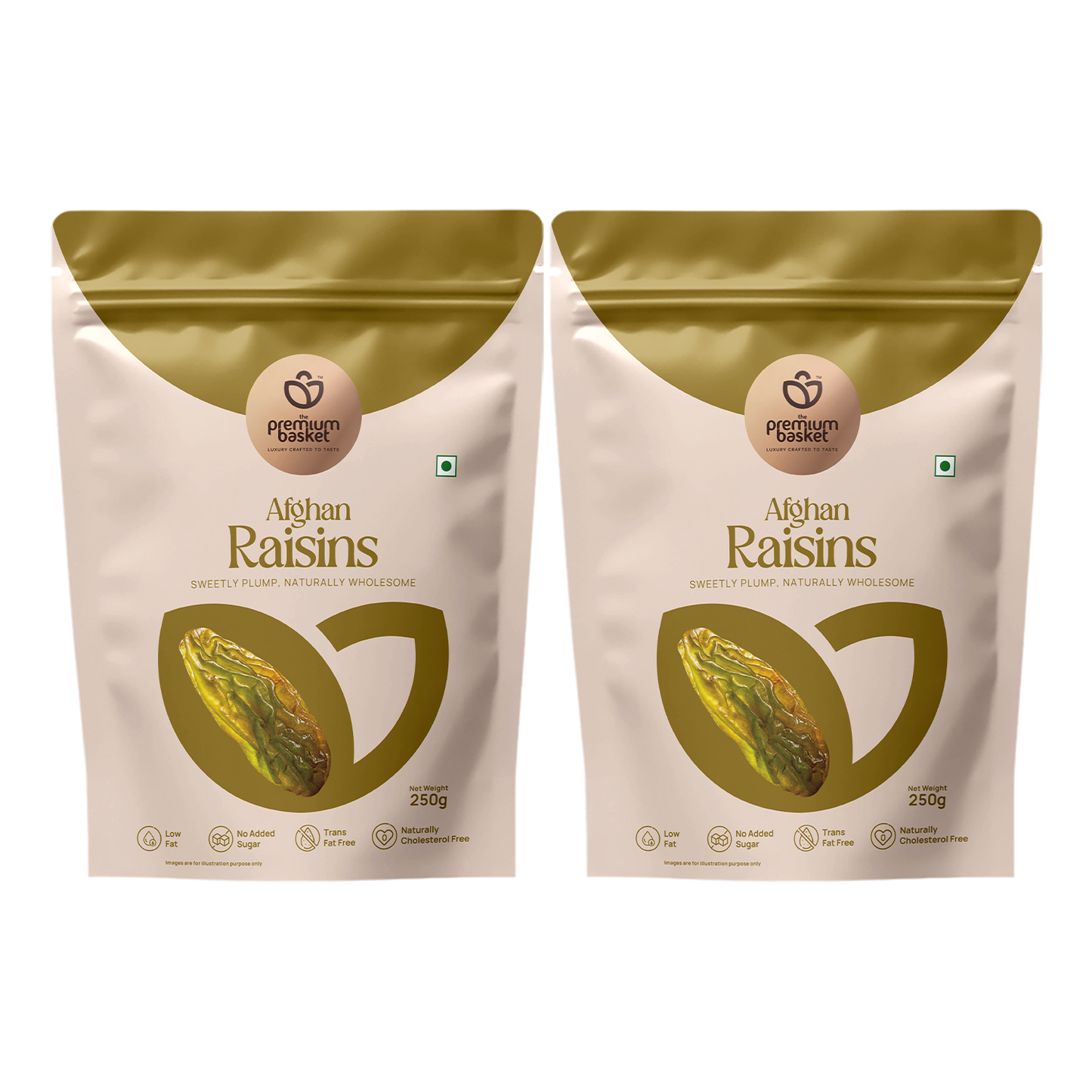 Two raisins pouches side by side with gold foil tops