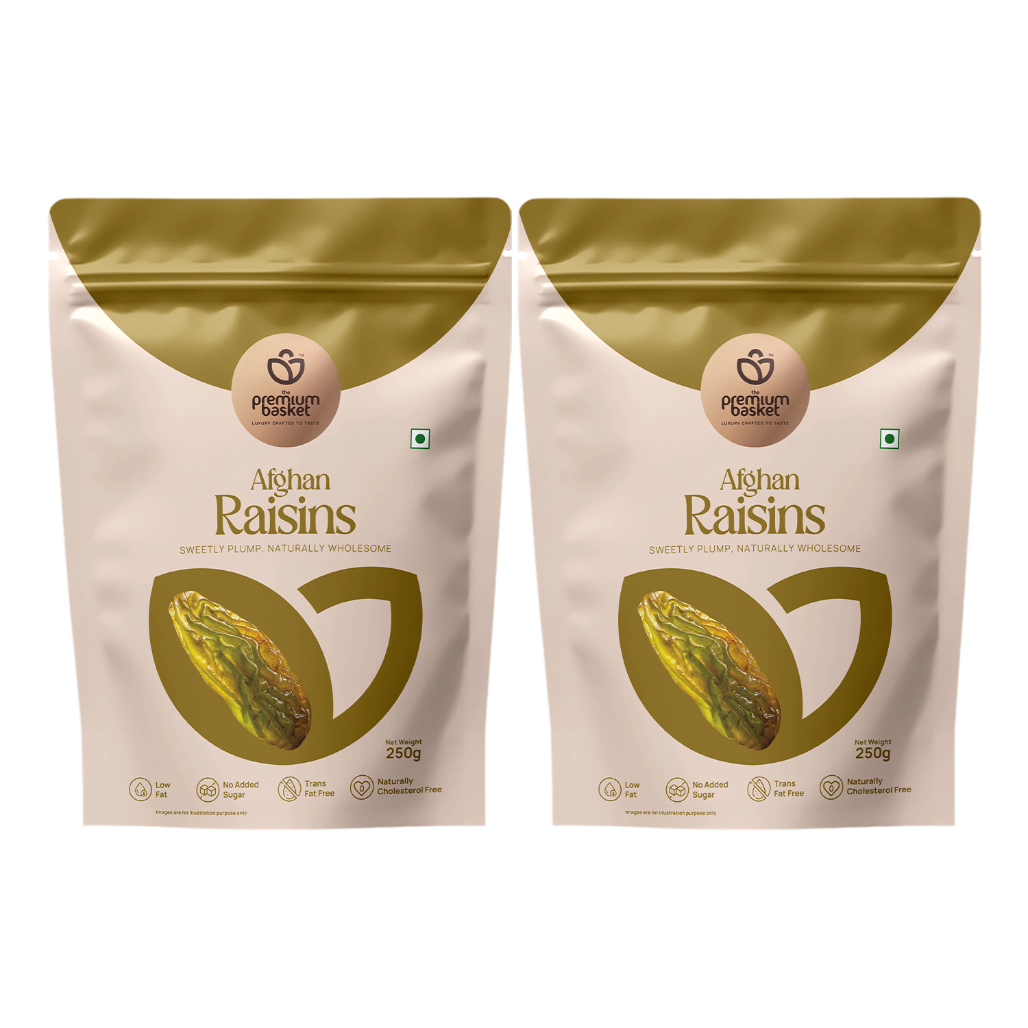 Two raisins pouches side by side with gold foil tops