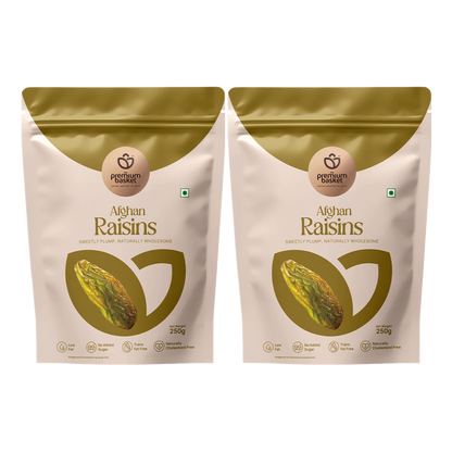 Two raisins pouches side by side with gold foil tops