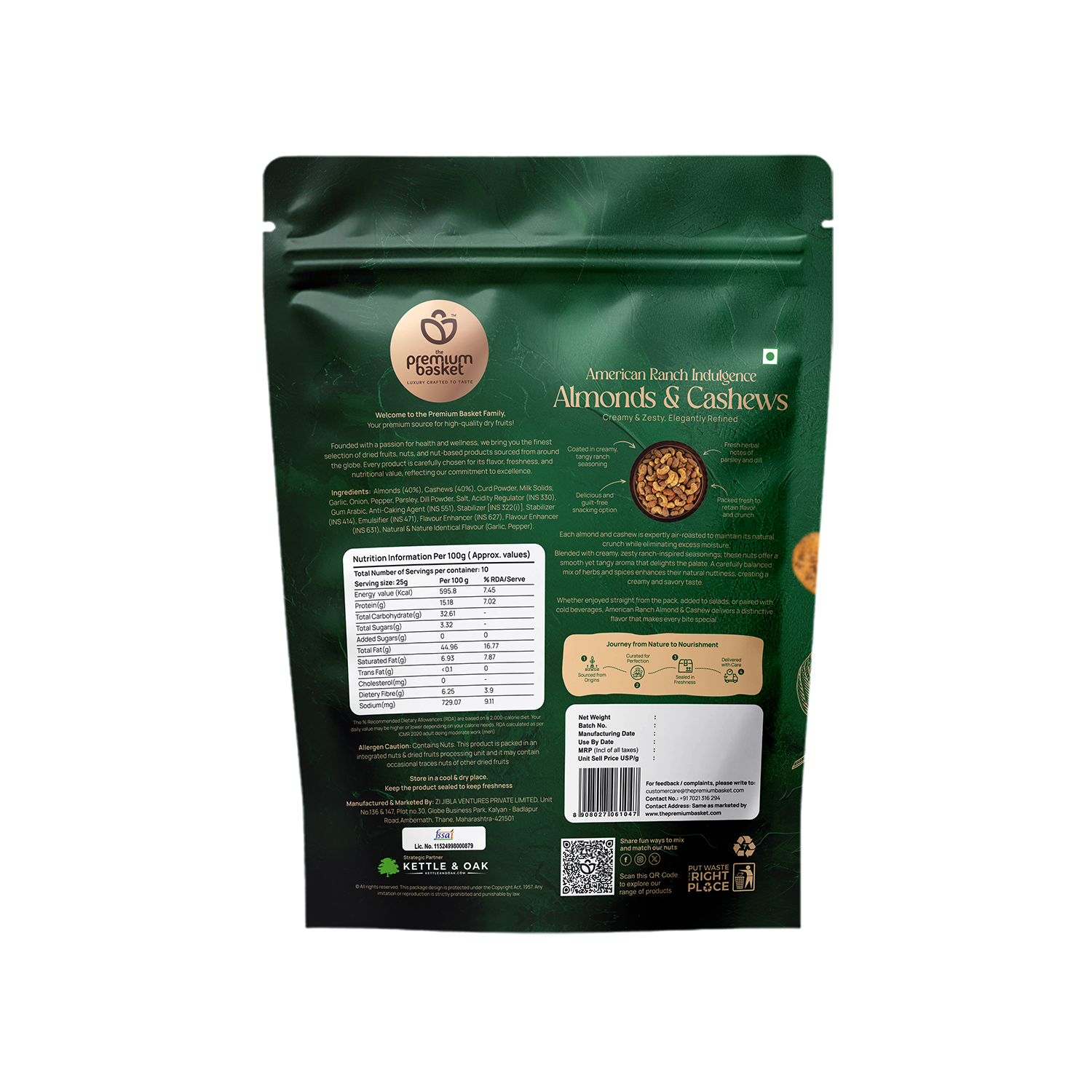 Almonds & cashews snack pouch, green back with barcode and nutrition panel