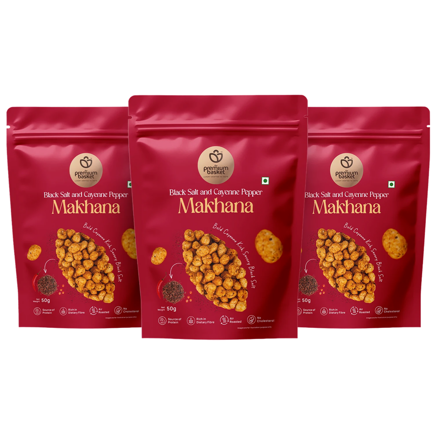 Three red Makhanana snack pouches in a row