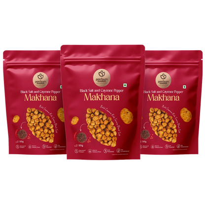 Three red Makhanana snack pouches in a row