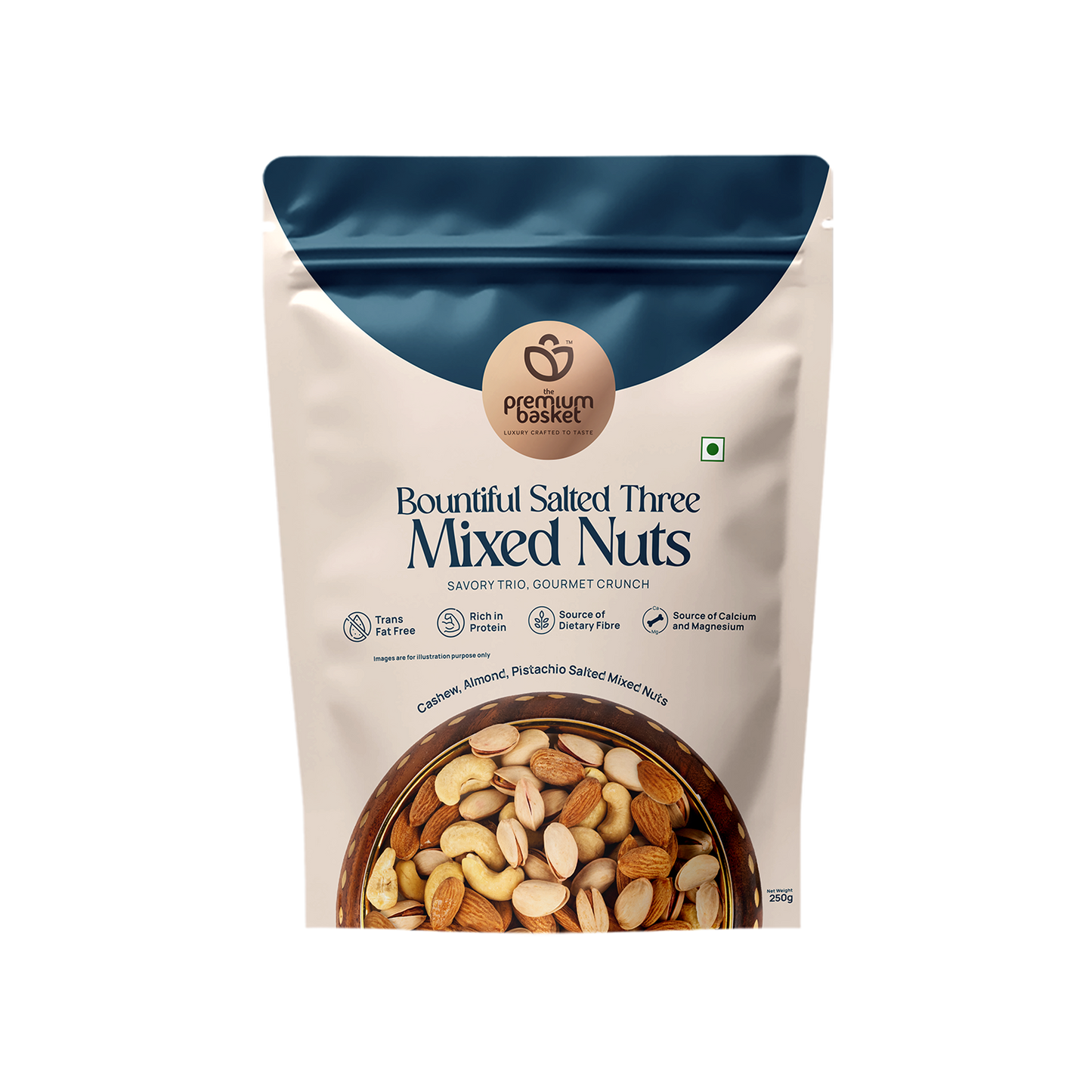 Front of sealed salted mixed nuts pouch with product details