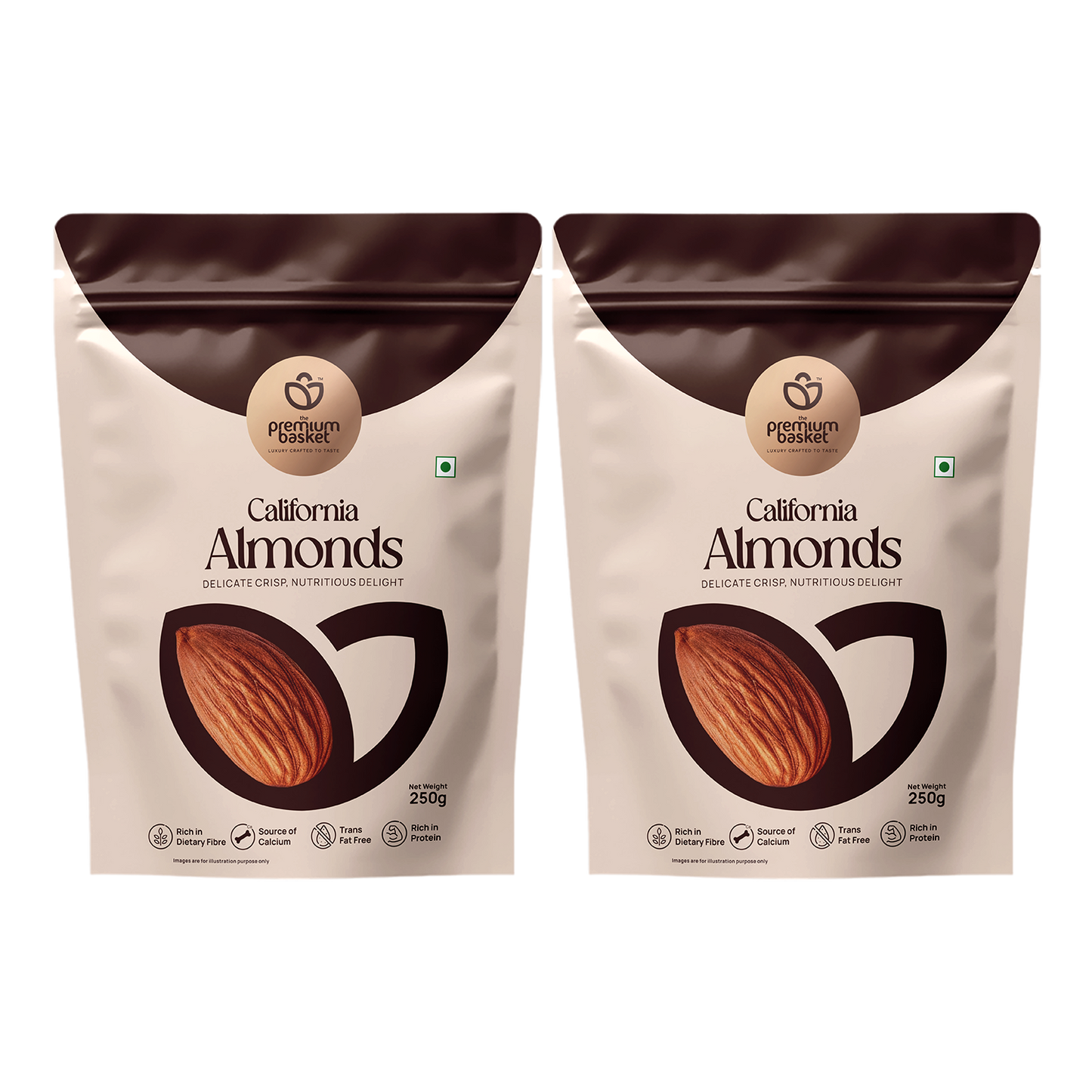 Almonds snack pouches, white and dark brown with almond logo, 250g, two-pack view