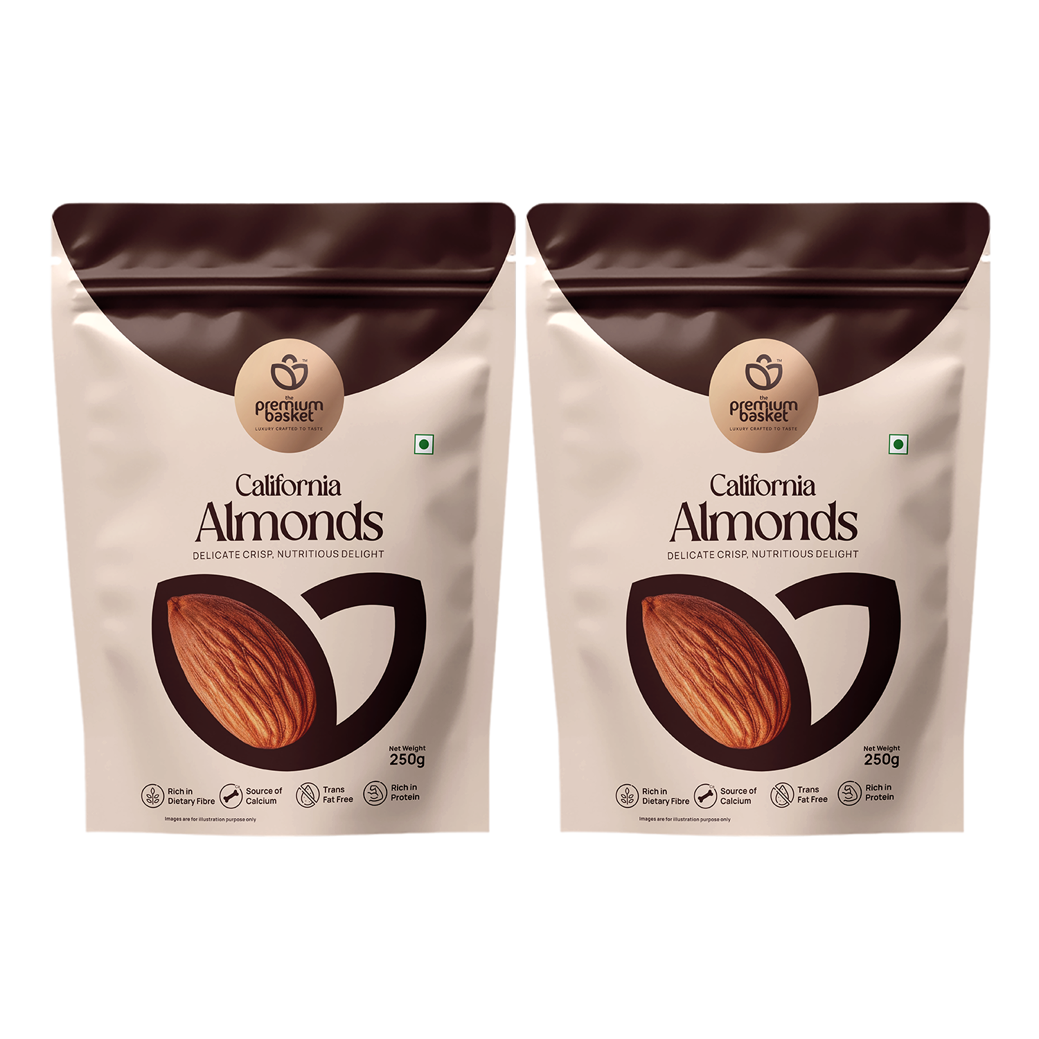 Almonds snack pouches, white and dark brown with almond logo, 250g, two-pack view