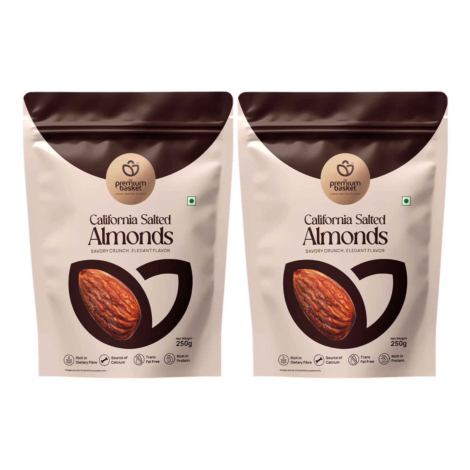Salted almonds pouches, two front views with almond illustration, 250g each