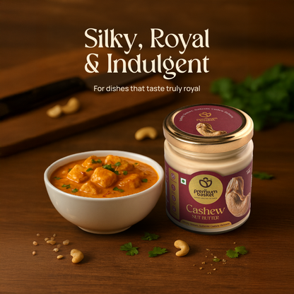 Cashew nut butter jar with white bowl of sauce and cashews