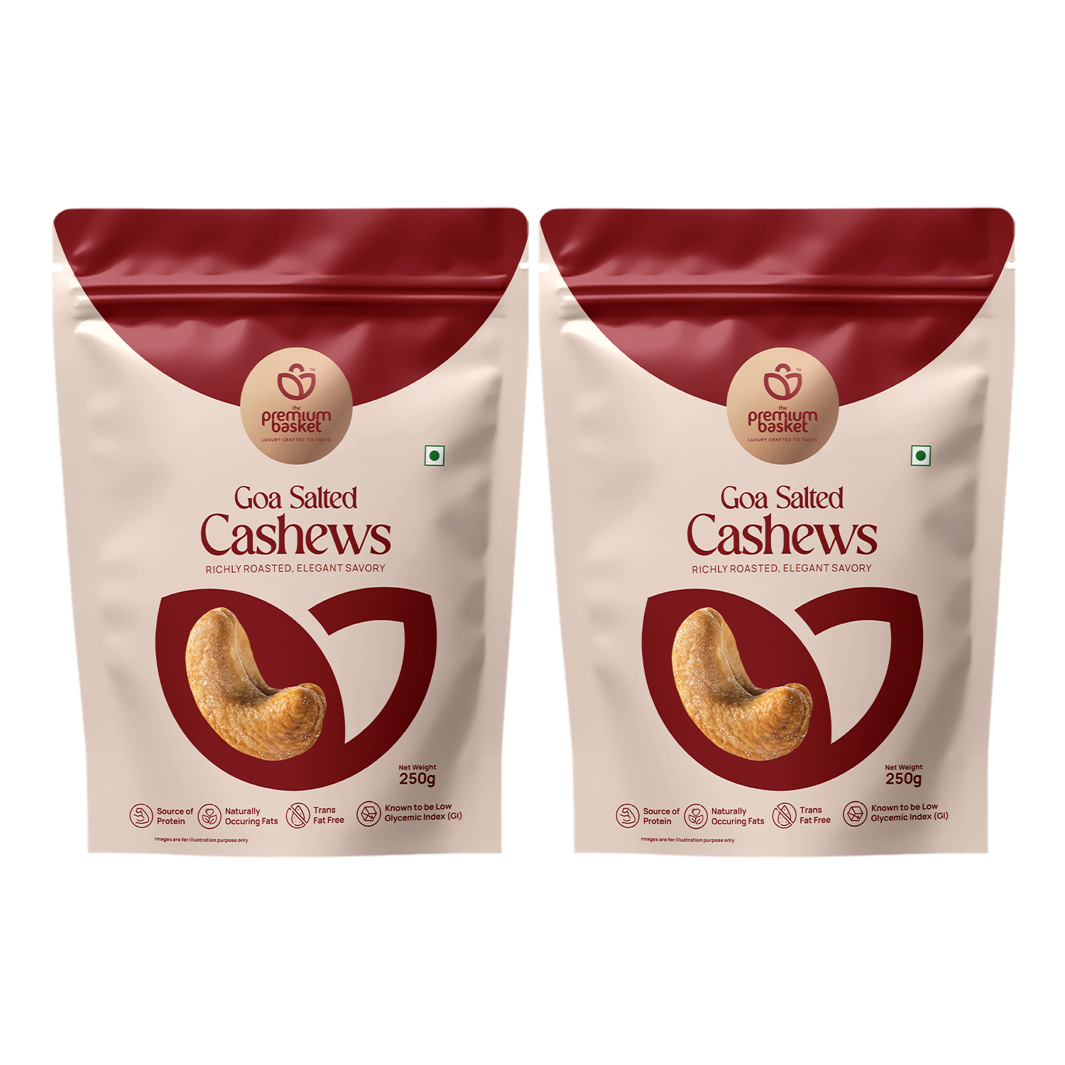 Two Goan salted cashews pouches, burgundy tops and cream bodies