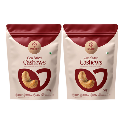 Two Goan salted cashews pouches, burgundy tops and cream bodies