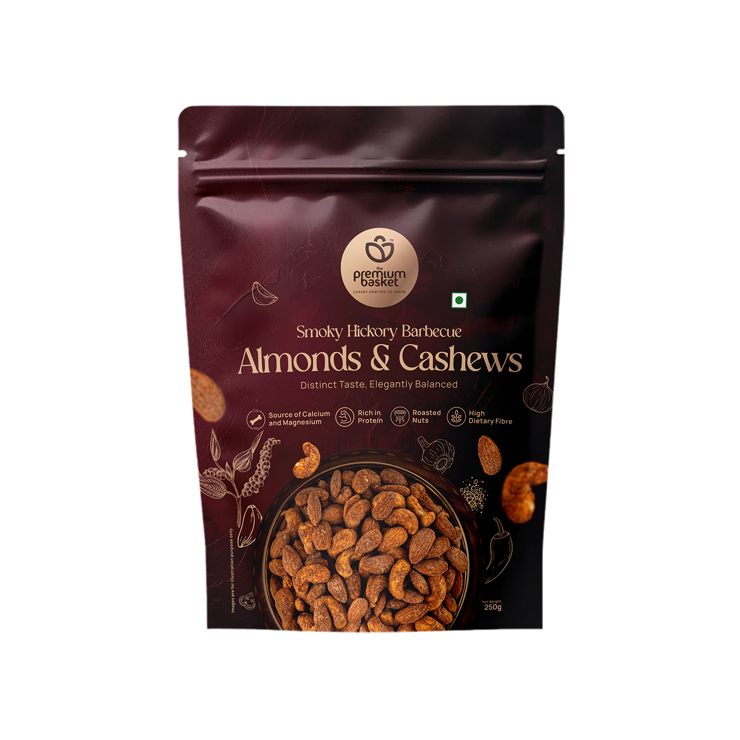 Smoky Hickory barbecue almonds & cashews pouch, front view with nut illustration