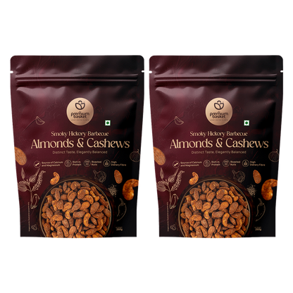 Smoky Hickory barbecue almonds & cashews pouch, front view, resealable top