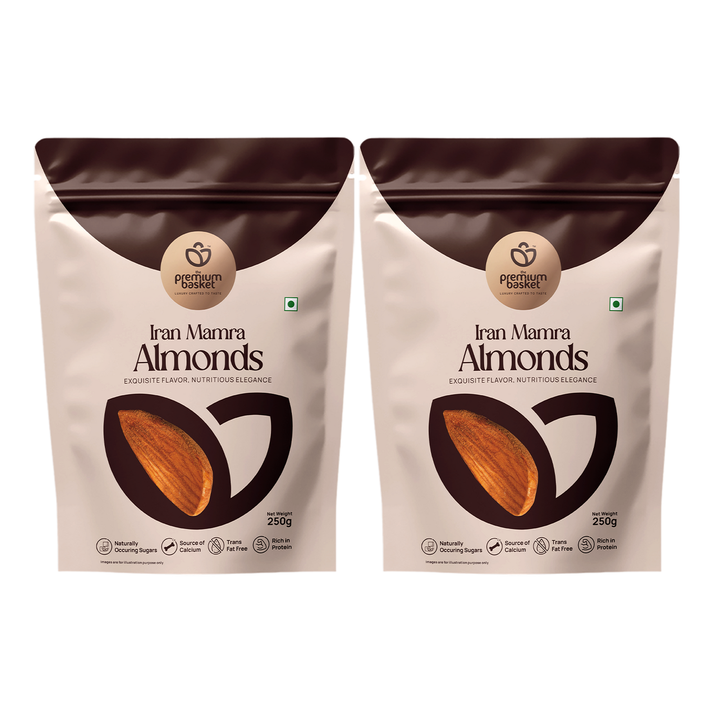 Almonds pouches: Iran Mamra Almonds, two white packs with dark brown top, 250g