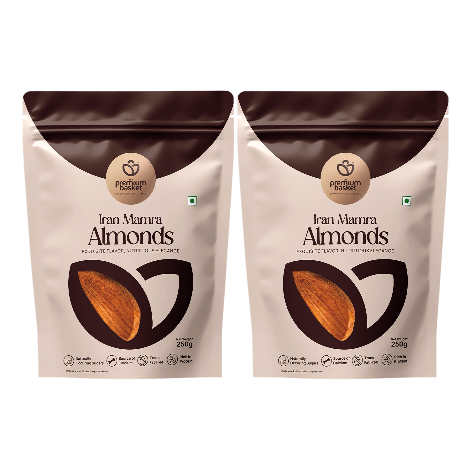 Almonds pouches: Iran Mamra Almonds, two white packs with dark brown top, 250g