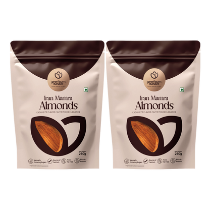 Almonds pouches: Iran Mamra Almonds, two white packs with dark brown top, 250g
