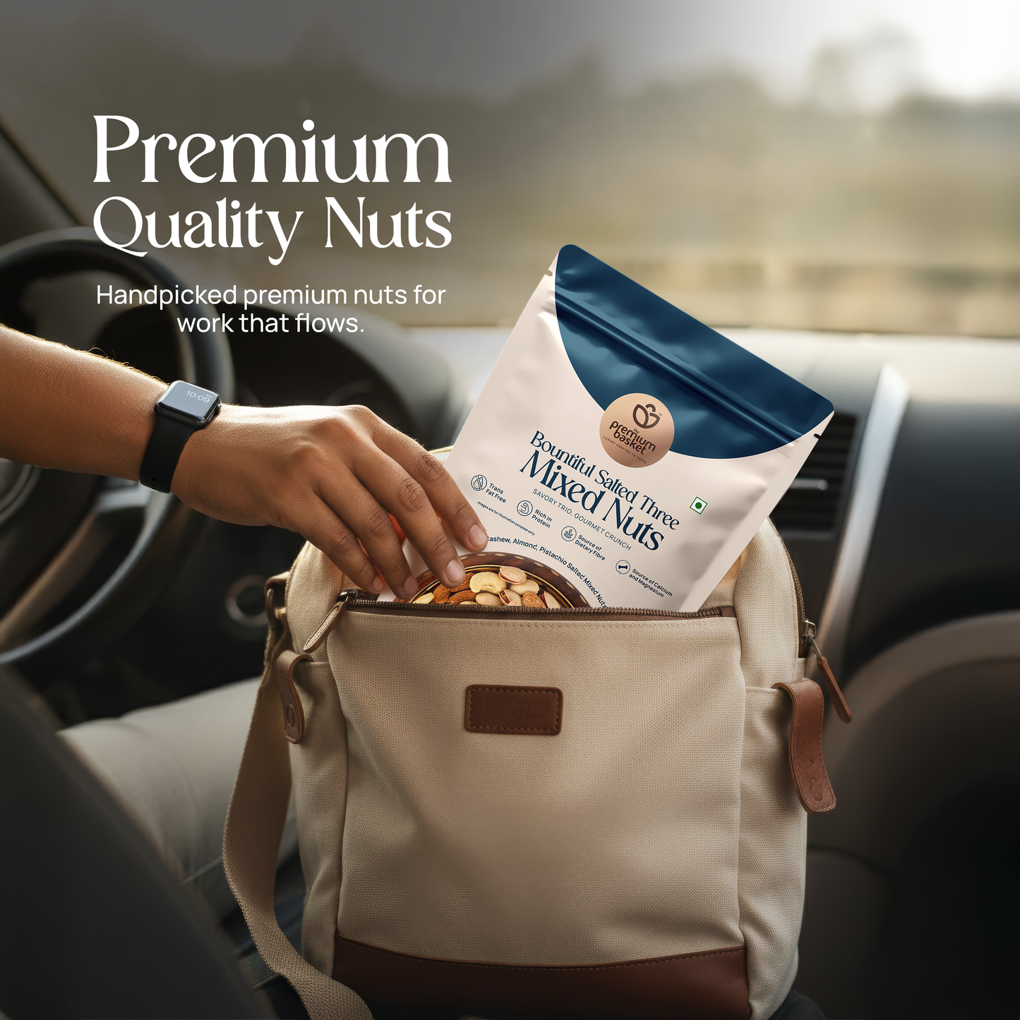Sealed salted mixed nuts pouch held in a bag by a person’s hand