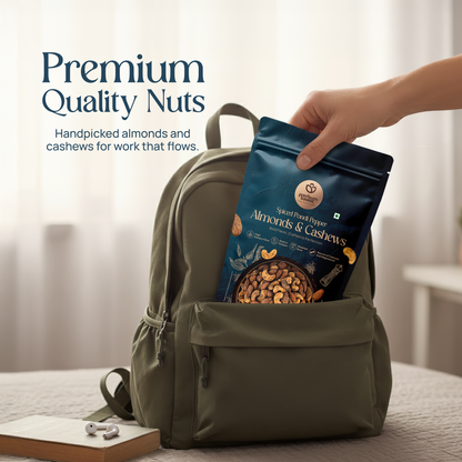 Spiced Pondi Pepper Almonds & Cashews snack bag held by hand, front facing