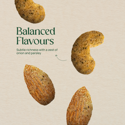 Roasted almond and cashew pieces, speckled nut mix