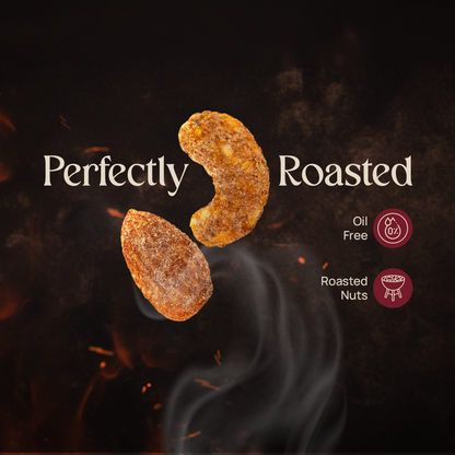 Roasted almonds and cashews snack graphic, two seasoned nut pieces