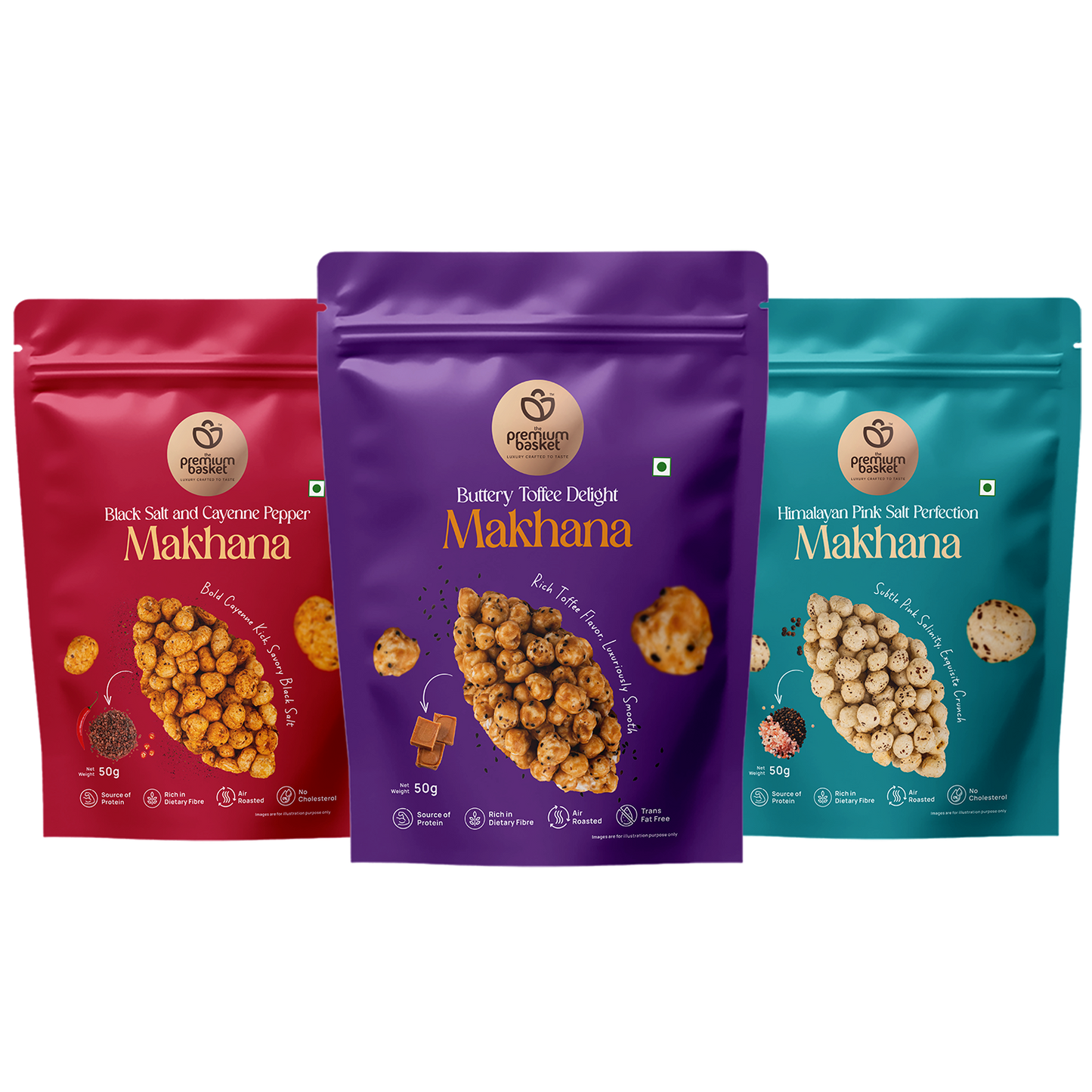 Gourmet makhana trio snack pouches in red, purple, and teal