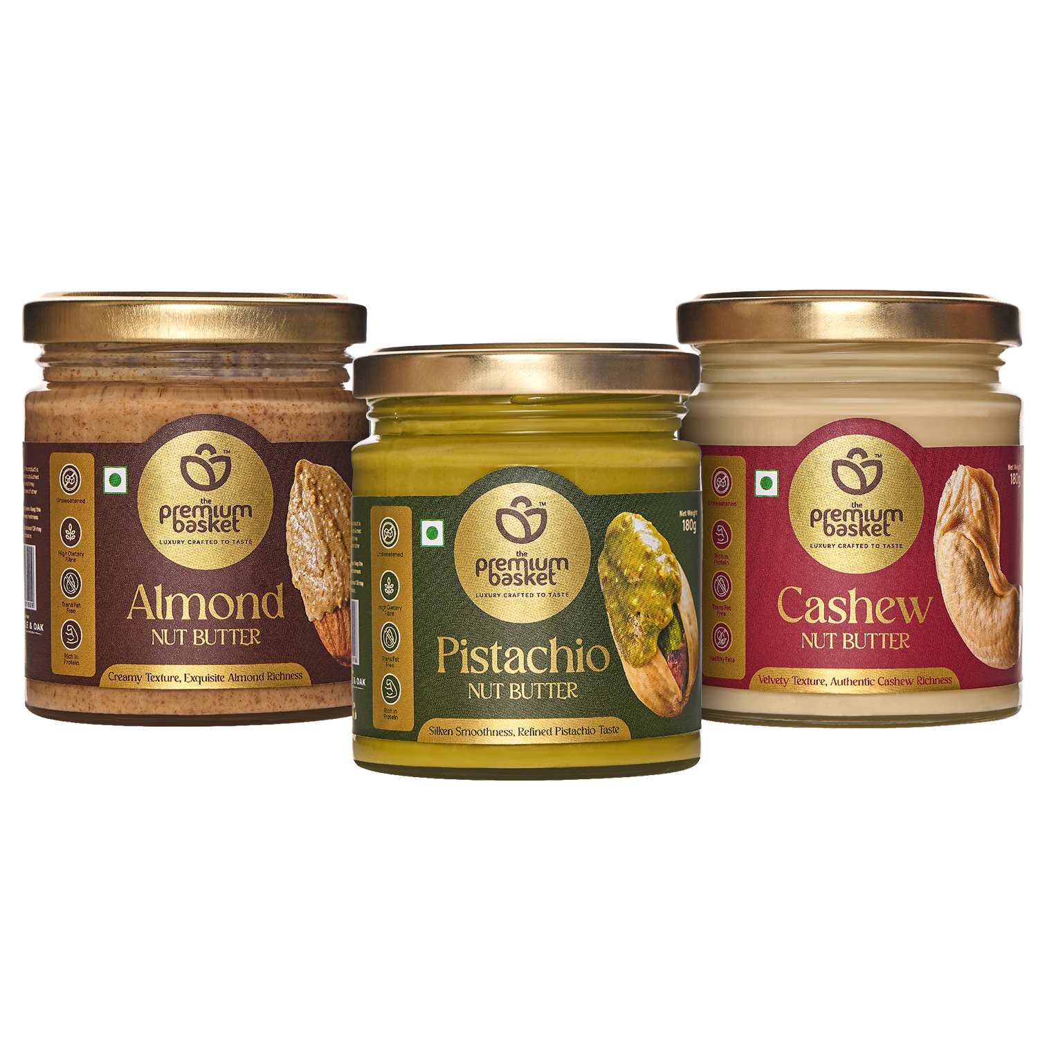 Nut butter trio: three jars with Almond, Pistachio, and Cashew labels